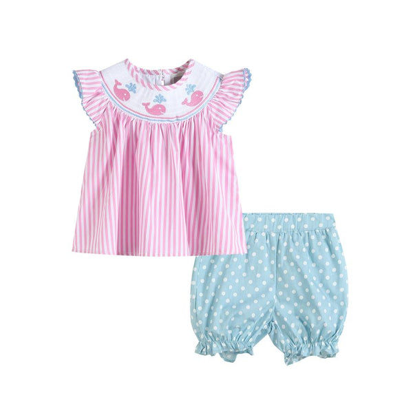 Pink Striped Whale Smocked Top and Bloomer Set