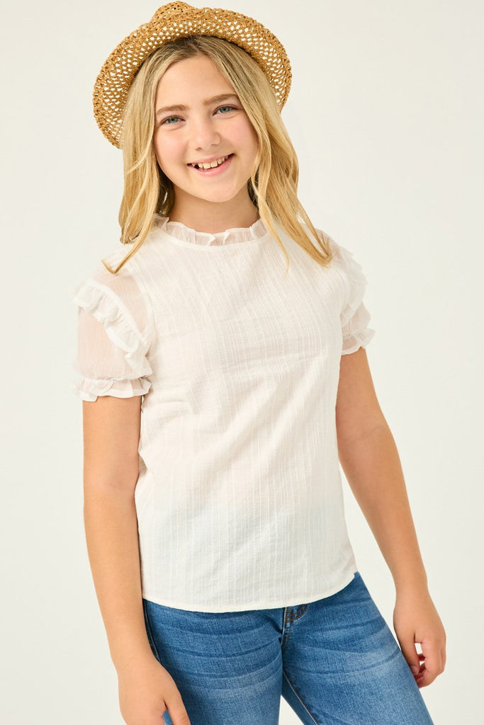 Girls Mix Media Ruffled Sleeve Textured Top Off White